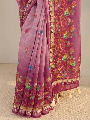purple floral printed ombre tassel saree with unstitched blouse piece 4