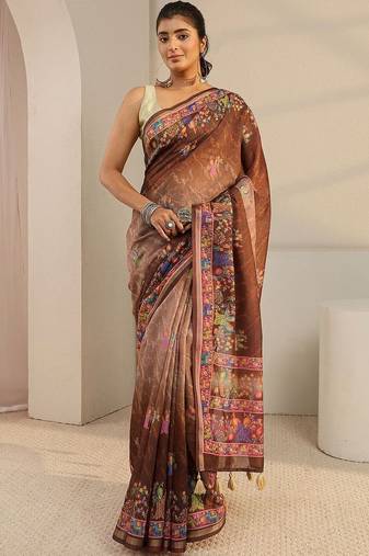brown floral printed ombre tassel saree with unstitched blouse piece