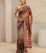 brown floral printed ombre tassel saree with unstitched blouse piece