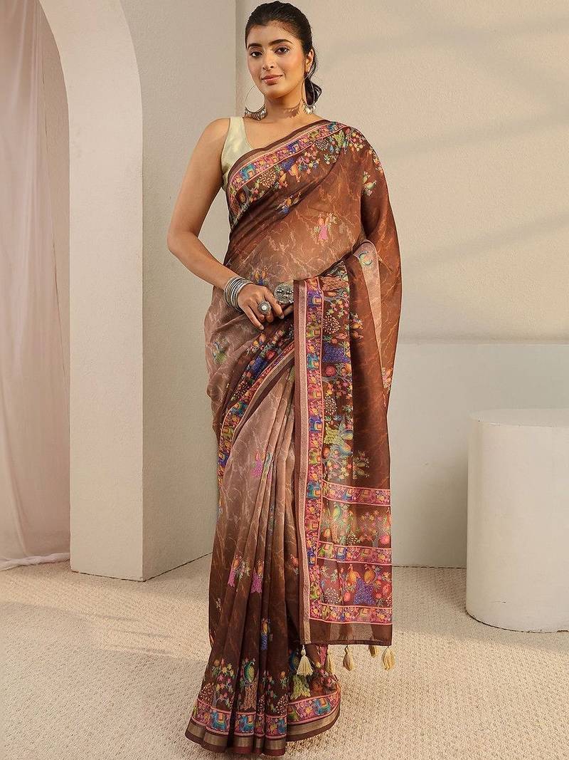 brown floral printed ombre tassel saree with unstitched blouse piece