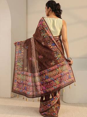 brown floral printed ombre tassel saree with unstitched blouse piece 2