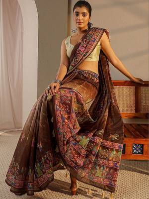 brown floral printed ombre tassel saree with unstitched blouse piece 4