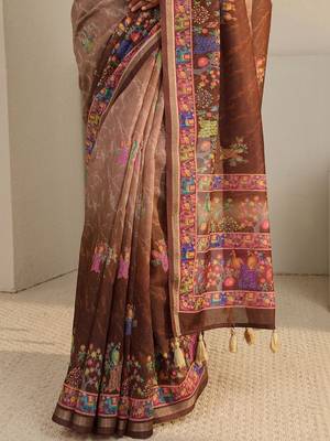 brown floral printed ombre tassel saree with unstitched blouse piece 5