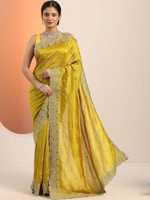 yellow embroidered saree with unstitched blouse piece 1
