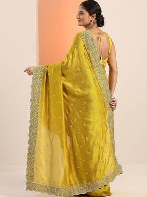 yellow embroidered saree with unstitched blouse piece 3
