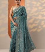 teal embroidered organza saree with unstitched blouse piece