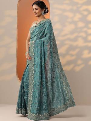teal embroidered organza saree with unstitched blouse piece 3