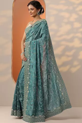 teal embroidered organza saree with unstitched blouse piece
