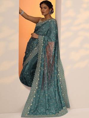 teal embroidered organza saree with unstitched blouse piece 5