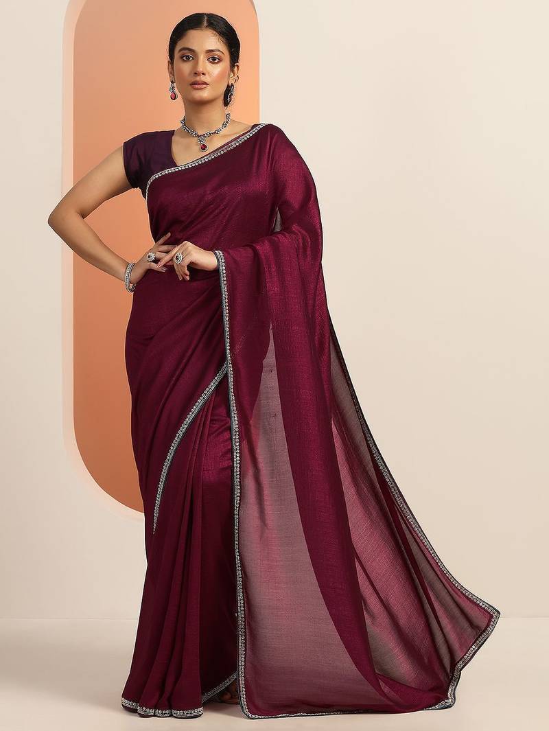 burgundy solid saree with unstitched blouse piece