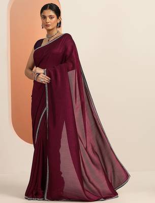 burgundy solid saree with unstitched blouse piece 2