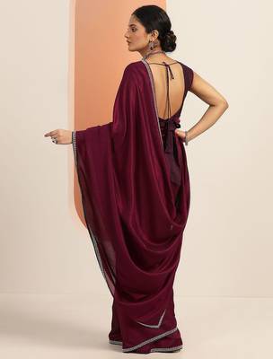 burgundy solid saree with unstitched blouse piece 3