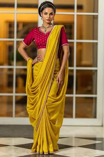 mustard solid saree with unstitched blouse piece