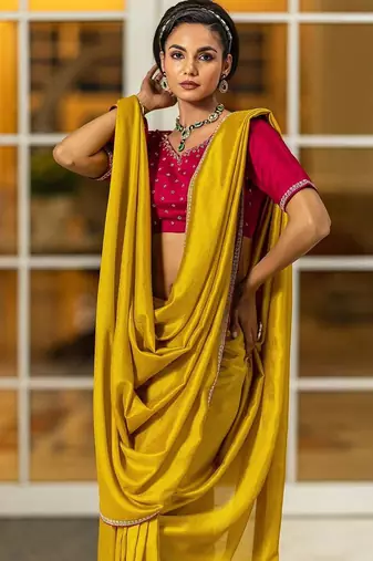 mustard solid saree with unstitched blouse piece