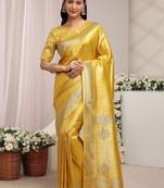gold ethnic woven design saree with unstitched blouse piece