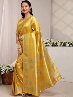 gold ethnic woven design saree with unstitched blouse piece 2