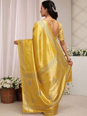 gold ethnic woven design saree with unstitched blouse piece 3
