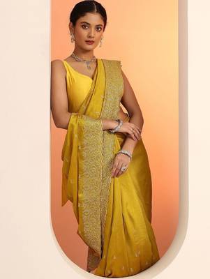 yellow embellished embroidered silk blend heavy work saree 1