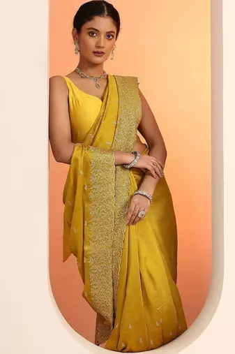 yellow embellished embroidered silk blend heavy work saree