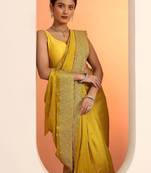 yellow embellished embroidered silk blend heavy work saree