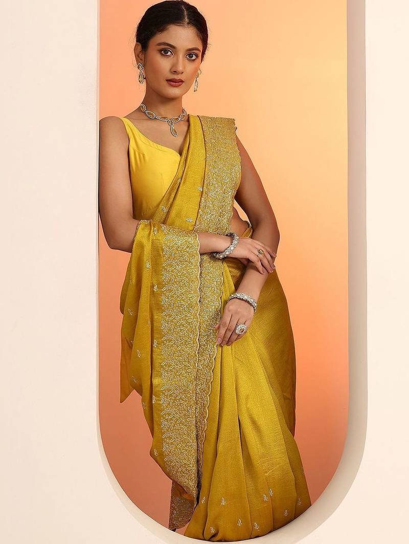 yellow embellished embroidered silk blend heavy work saree