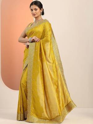 yellow embellished embroidered silk blend heavy work saree 2