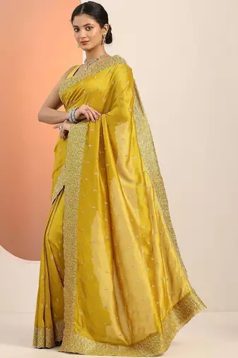 yellow embellished embroidered silk blend heavy work saree