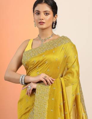 yellow embellished embroidered silk blend heavy work saree 3
