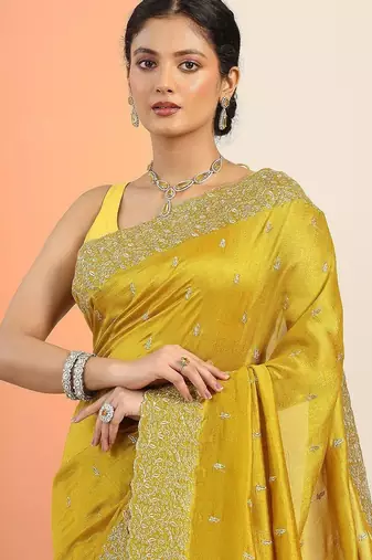 yellow embellished embroidered silk blend heavy work saree