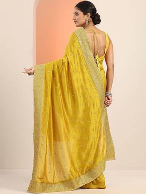 yellow embellished embroidered silk blend heavy work saree 4