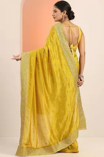 yellow embellished embroidered silk blend heavy work saree