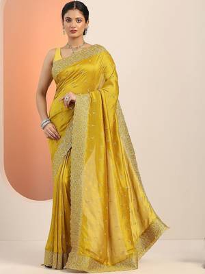 yellow embellished embroidered silk blend heavy work saree 5