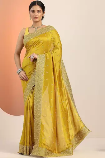 yellow embellished embroidered silk blend heavy work saree
