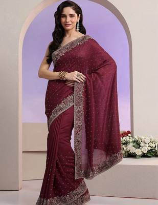 maroon stone work embelllished silk blend saree 4