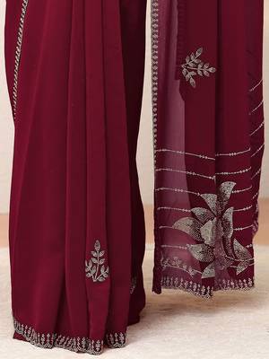 maroon cardinal red georgette saree with embellished pallu 5