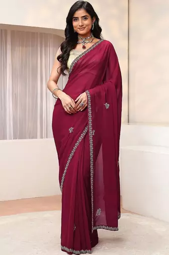 burgundy hot pink floral embellished georgette saree