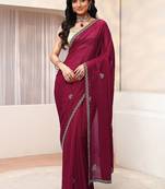 burgundy hot pink floral embellished georgette saree