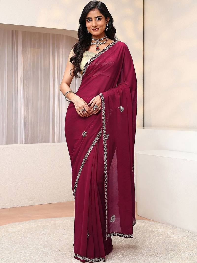 burgundy hot pink floral embellished georgette saree