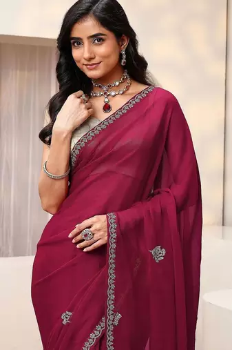 burgundy hot pink floral embellished georgette saree