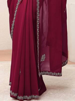 burgundy hot pink floral embellished georgette saree 4