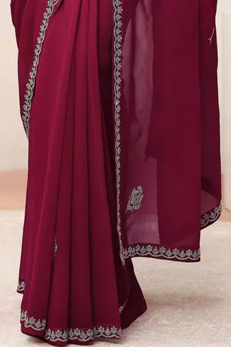 burgundy hot pink floral embellished georgette saree