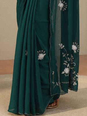 teal floral embellished tissue saree 2