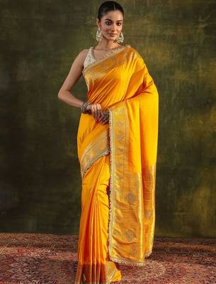 yellow ethnic saree with unstitched blouse piece 1