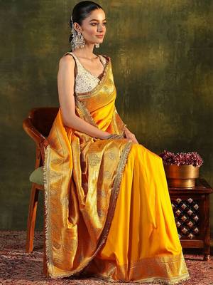 yellow ethnic saree with unstitched blouse piece 2