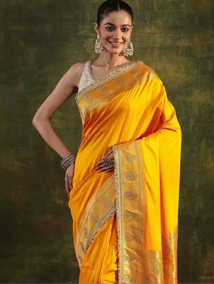 yellow ethnic saree with unstitched blouse piece 3
