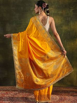 yellow ethnic saree with unstitched blouse piece 4