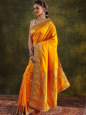 yellow ethnic saree with unstitched blouse piece 5