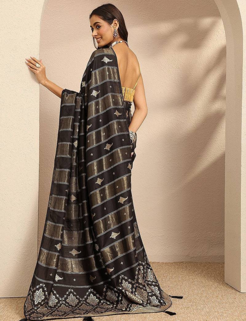 black woven design banarsi saree with unstitched blouse piece