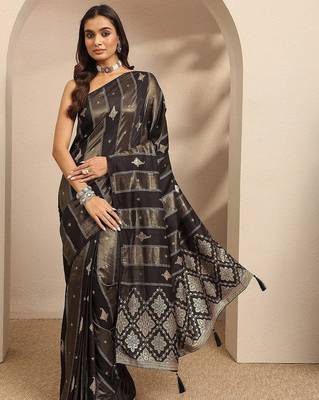 black woven design banarsi saree with unstitched blouse piece 2