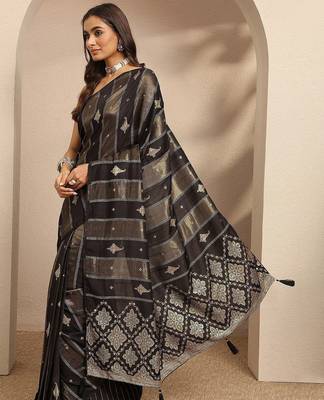 black woven design banarsi saree with unstitched blouse piece 3